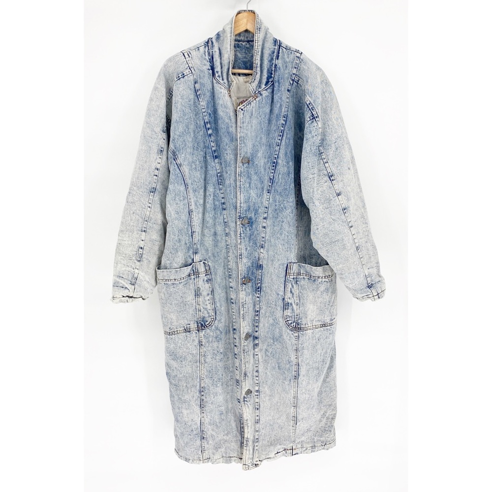 Camion Vintage 80s Blue Acid Wash Denim Overcoat Long Puffer Quilted Retro LG